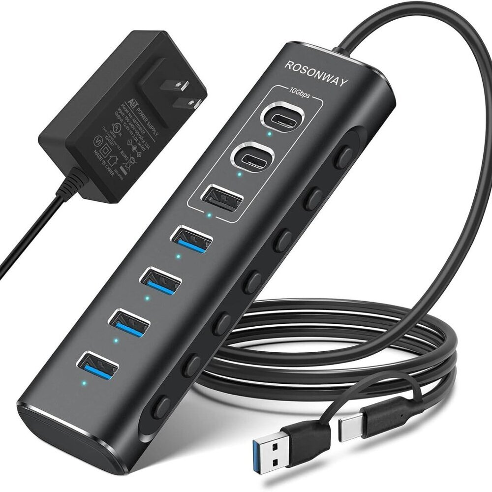 Powered USB Hub, 7-Port USB 3.2/USB C Hub with 10Gbps USB-A 3.2, 2 USB-C 3.2, 4